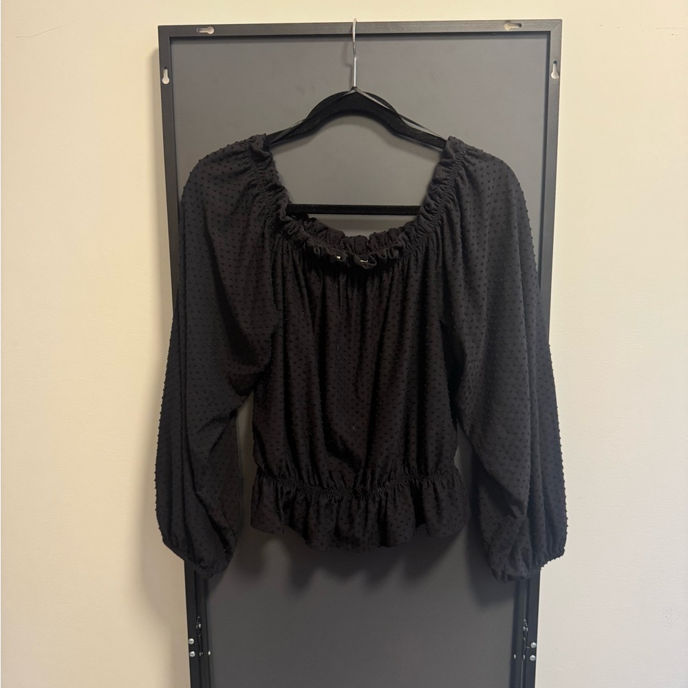 Black Swiss Dot Off the Shoulder Blouse - Women